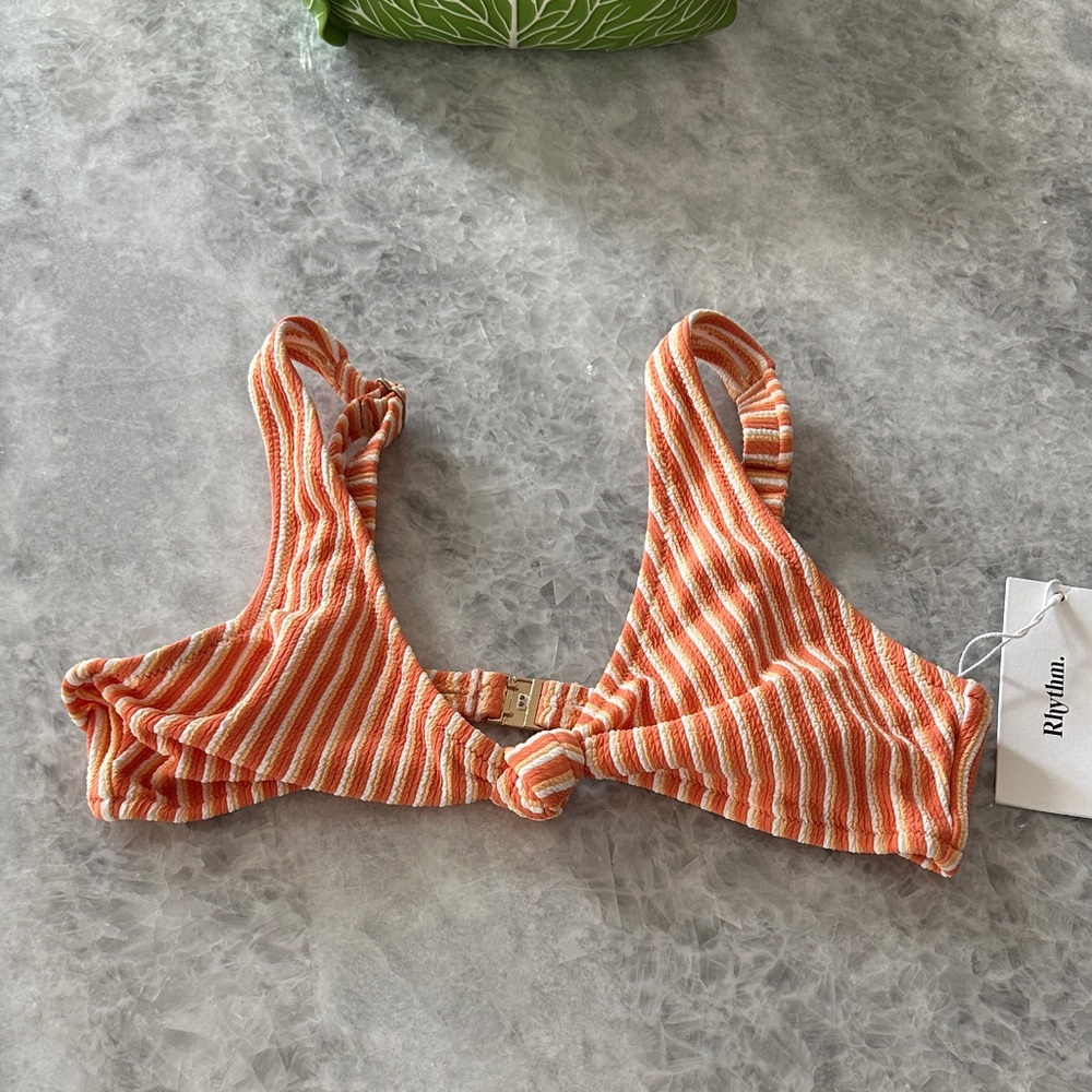NWT Rhythm Sunbather Stripe Bikini Top, Knot Front, Size L, Coral Sands